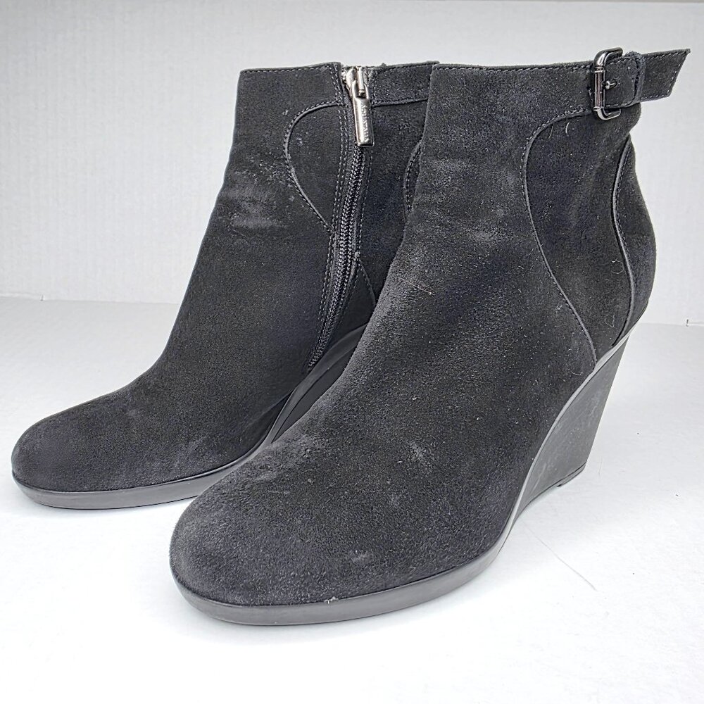 Aquatalia Black Suede Wedge Ankle Boots Italian Designer Booties Side Zip 7.5